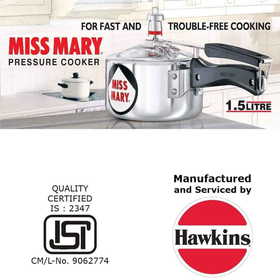 Hawkins 1.5 Litre Miss Mary Non - Induction Pressure Cooker, Small Inner Lid Cooker, Silver (Mm15)