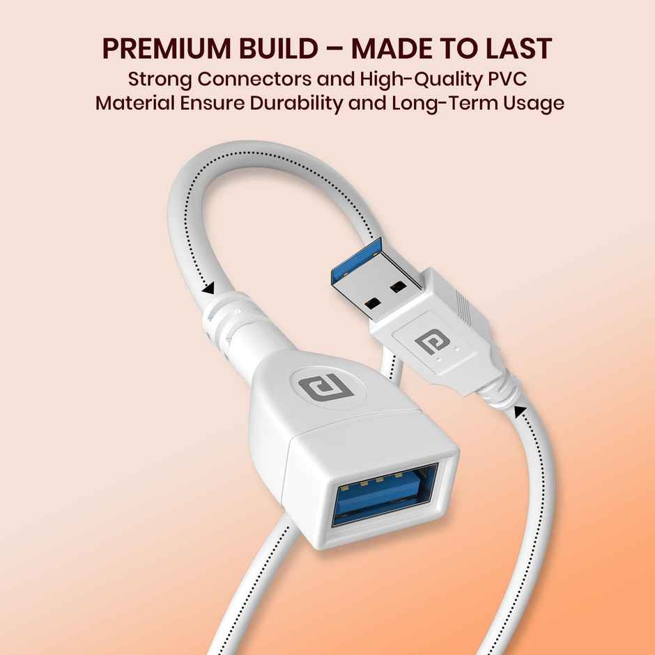 Portronics Uniconnect 3M USB Extension Cable | Durable PVC | Fast Data & Charging | White