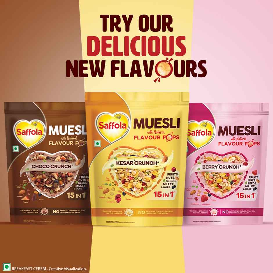 Saffola Muesli Kesar Crunch With Flavour Pops | 15 In 1 Fruit And Nuts | Seeds, Millet & More