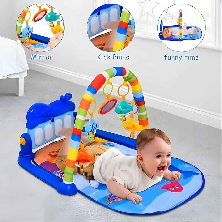 Chigy Wooh Baby Play Mat with Piano Keyboard & Hanging Rattles Toys for Newborns 0+ Months | Blue