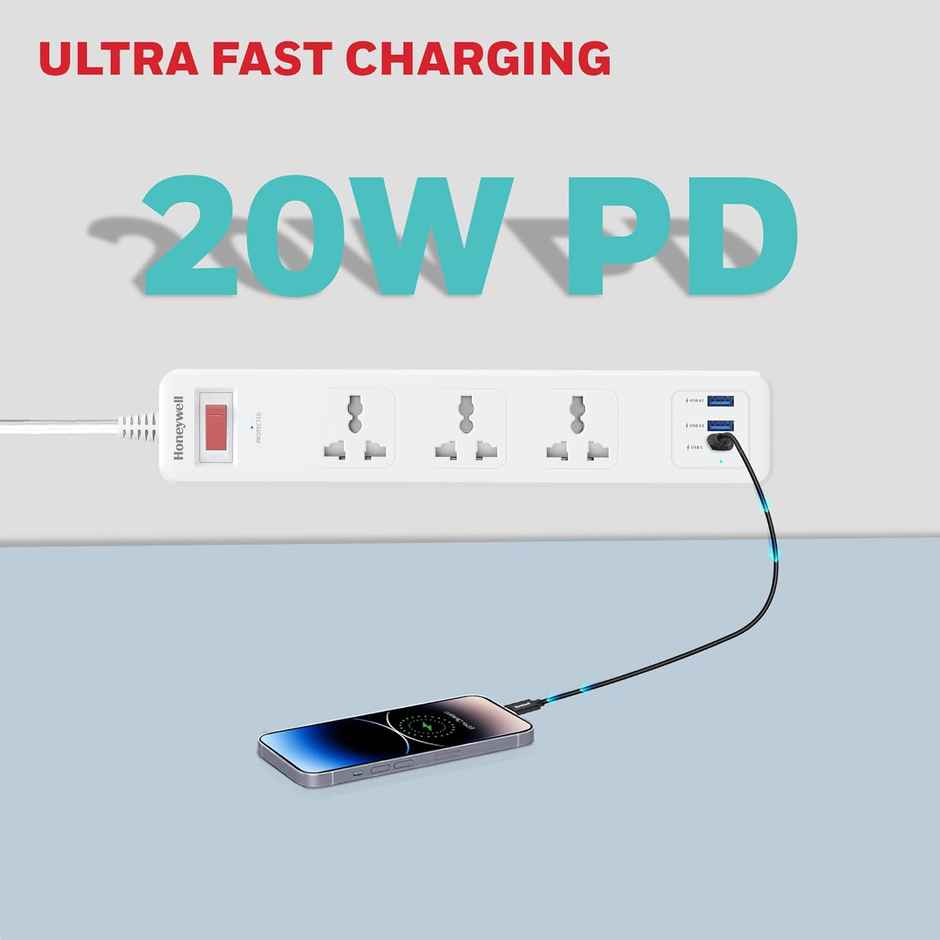 Honeywell 3 Outlet Surge Protector With 1Xtype C With Pd & 2Xusb