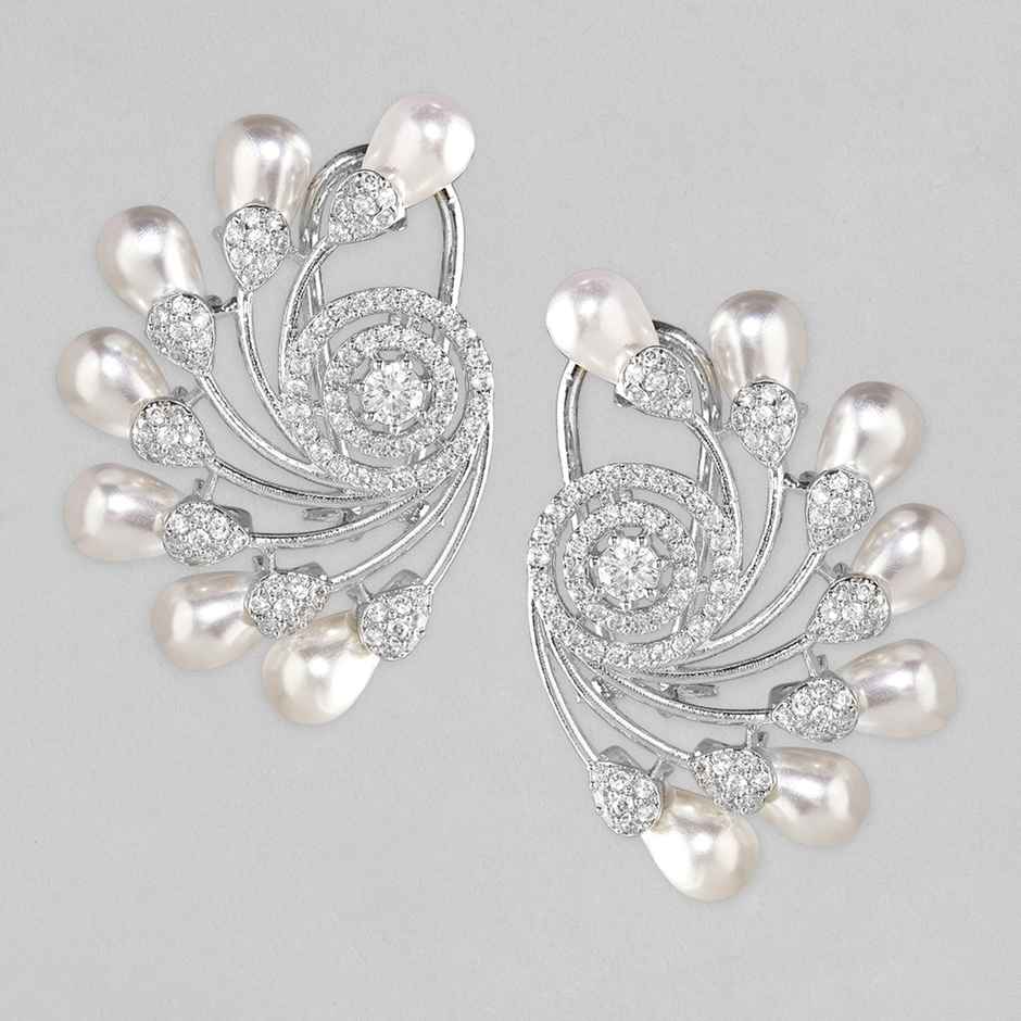 Rubans Silver-Plated Pearls and Cubic Zirconia Studded Oversized Premium Floral Stud Earring