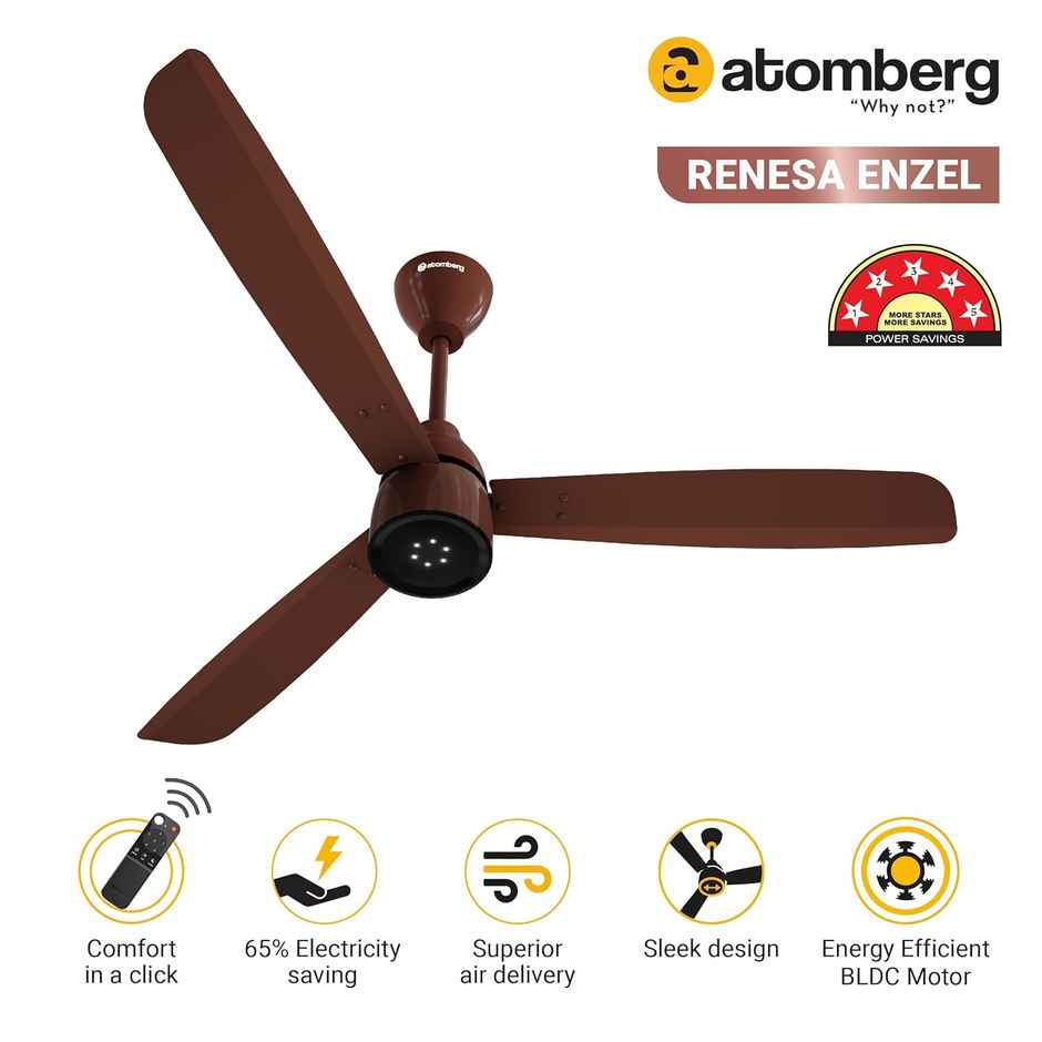 Atomberg Renesa Enzel BLDC Ceiling Fan,1200mm,Remote Control,BEE 5 Star,LED Indicators,Gloss Brown