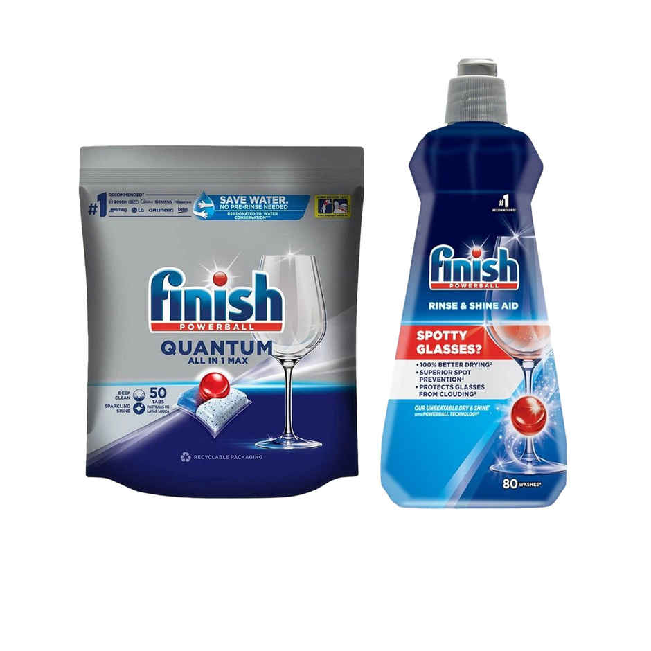 Finish Quantum Dishwasher Tablets (50pc) & Finish Dishwasher Rinse Aid Liquid (400ml) Combo