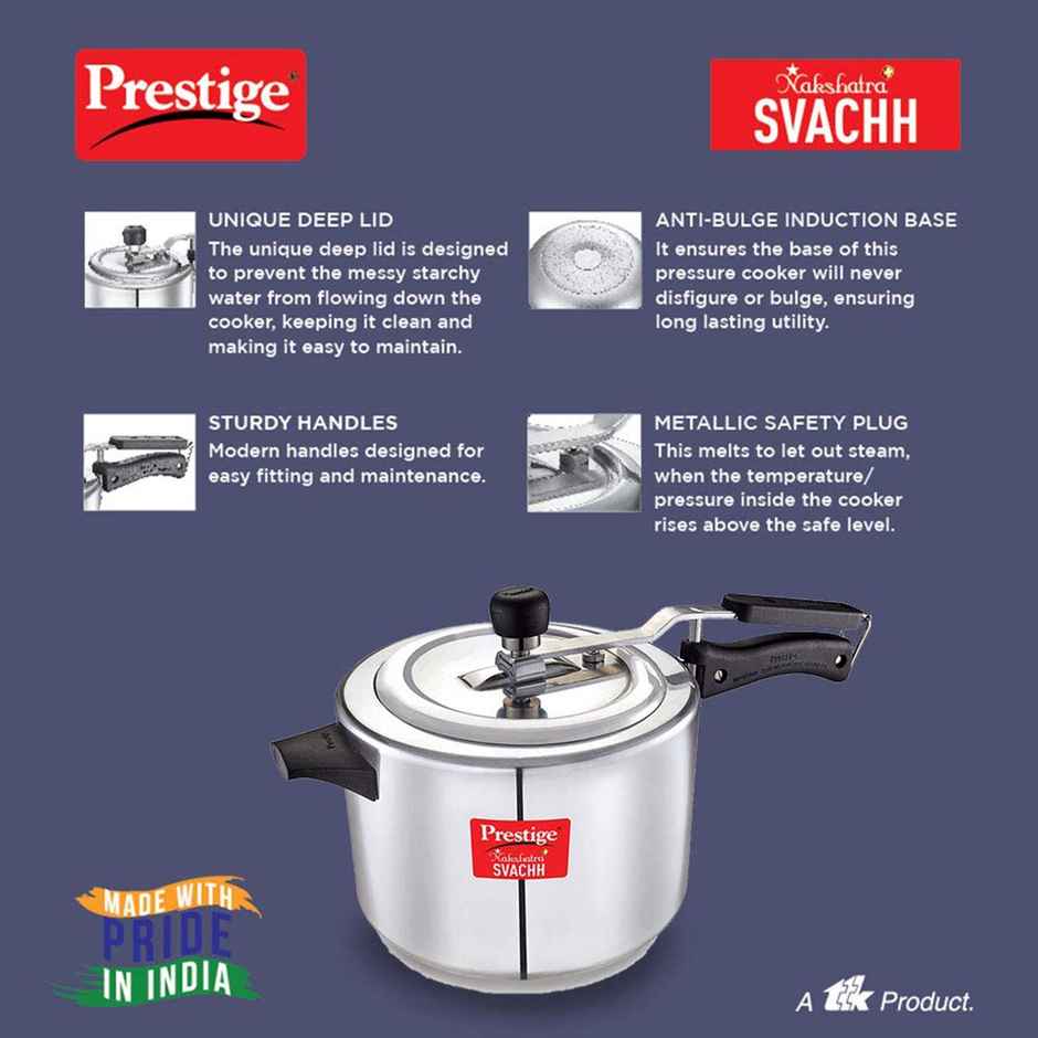 Prestige Aluminium Inner Lid Nakshatra Plus Svachh Spillage Control Pressure Cooker, 5 L (Silver)
