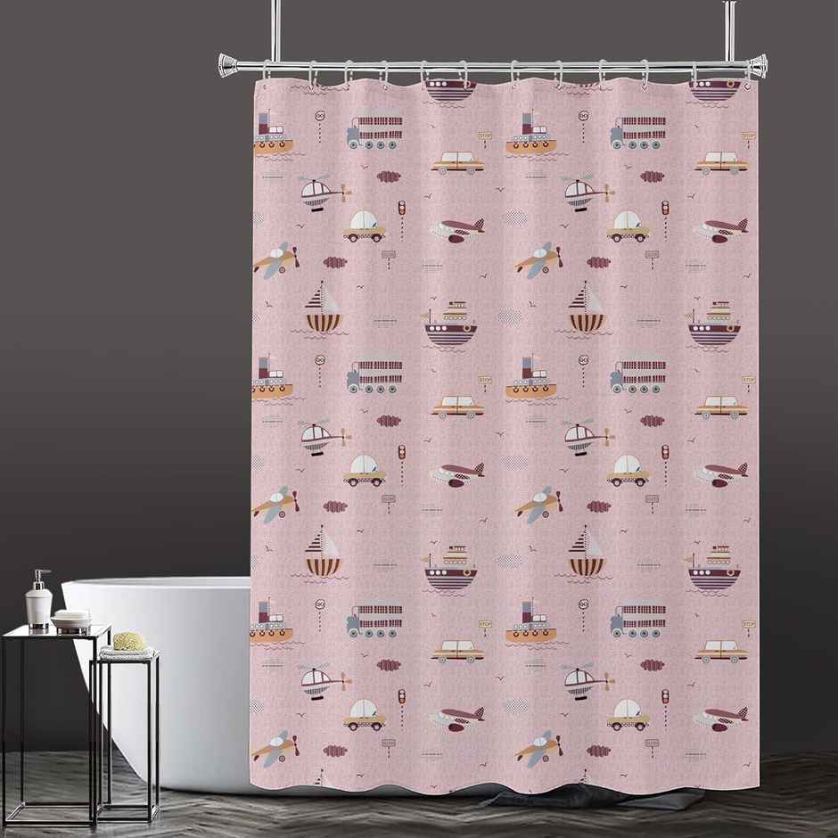 Lushomes Shower Curtain - Kids Printed Pink Travel | 12 Eyelets | 12 Hooks | 6 x 6.5 ft