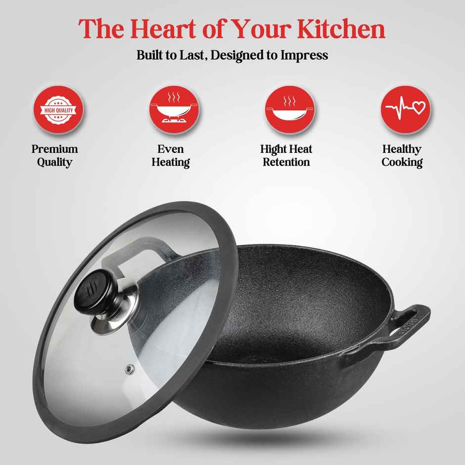 Vinod Legacy Pre-Seasoned Cast Iron Kadai, 26 Cm, Capacity 4.3 L, Induction Friendly, Black