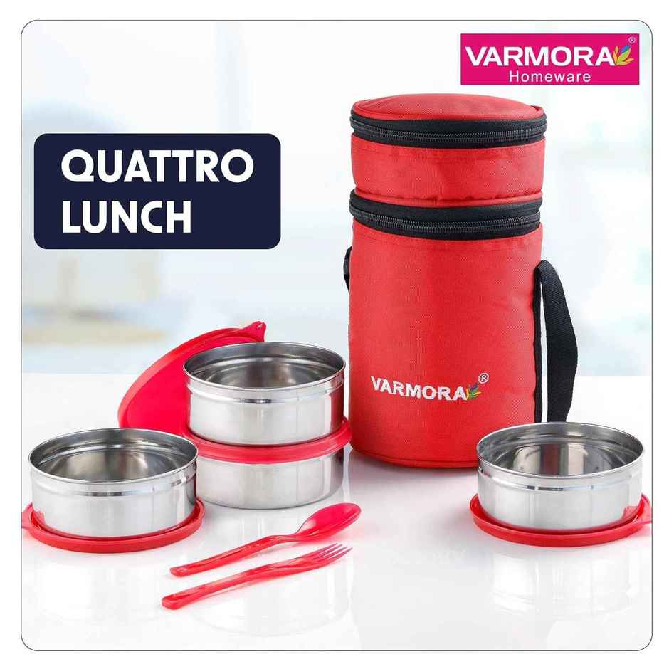 Varmora SS Quattro Lunch Box, Raspberry Pink- 4 Storage Containers (390 ml ) with Spoon and Fork