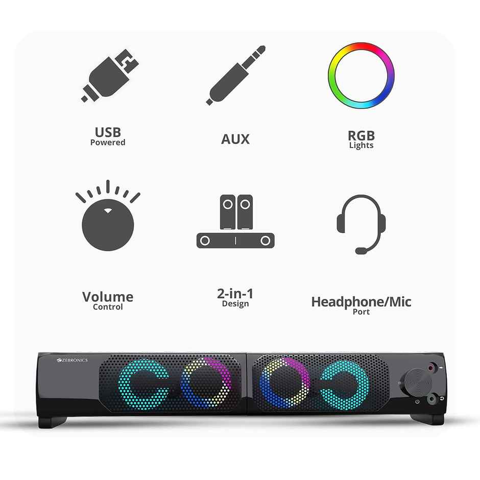 Zebronics Wonder Bar 10 W Soundbar 10 Usb Powered 2.0 Computer Speaker, wired With Rgb Lights - Black
