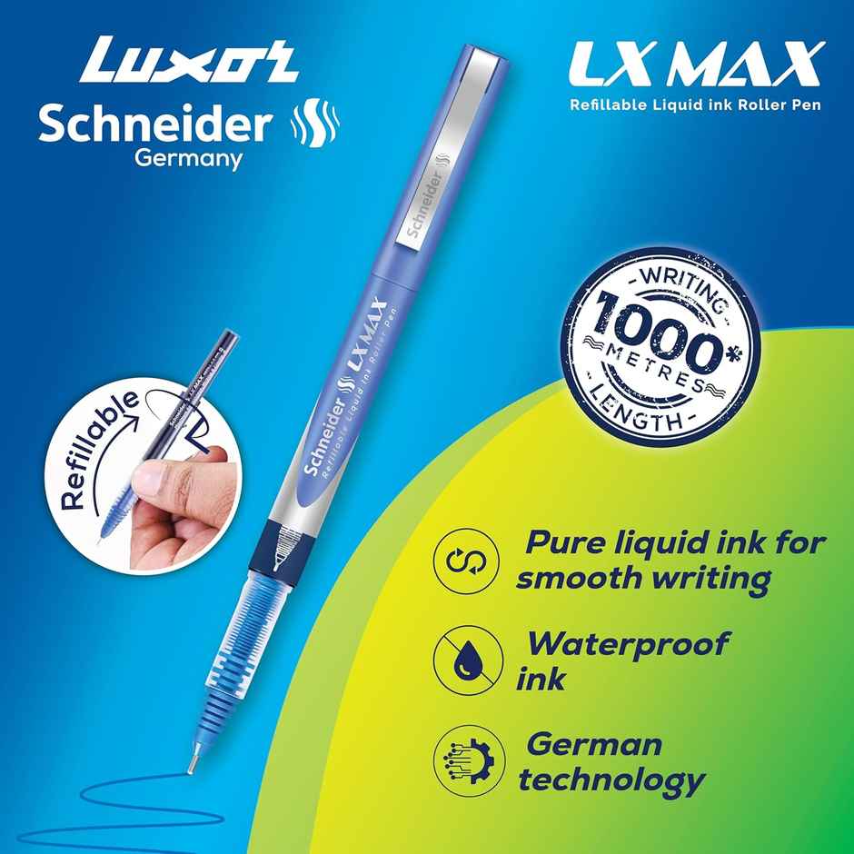 Luxor Schneider LX Max Refillable Roller Ball Pen | Pack of 2 | Blue Plus Black | 1000 mtrs Plus Writing Length