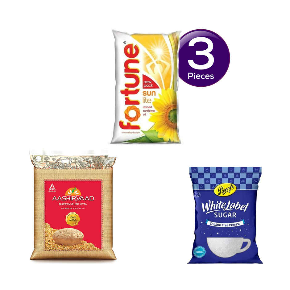 Fortune Sunlite Refined Sunflower Oil (Pouch)(1 l), Aashirvaad Superior MP Whole Wheat Atta(5 kg) & Parrys White Label Sugar(1 kg) Combo