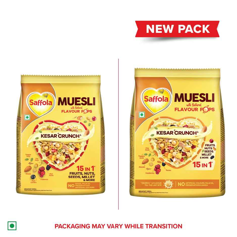 Saffola Muesli Kesar Crunch With Flavour Pops 15 In 1 Fruit And Nuts