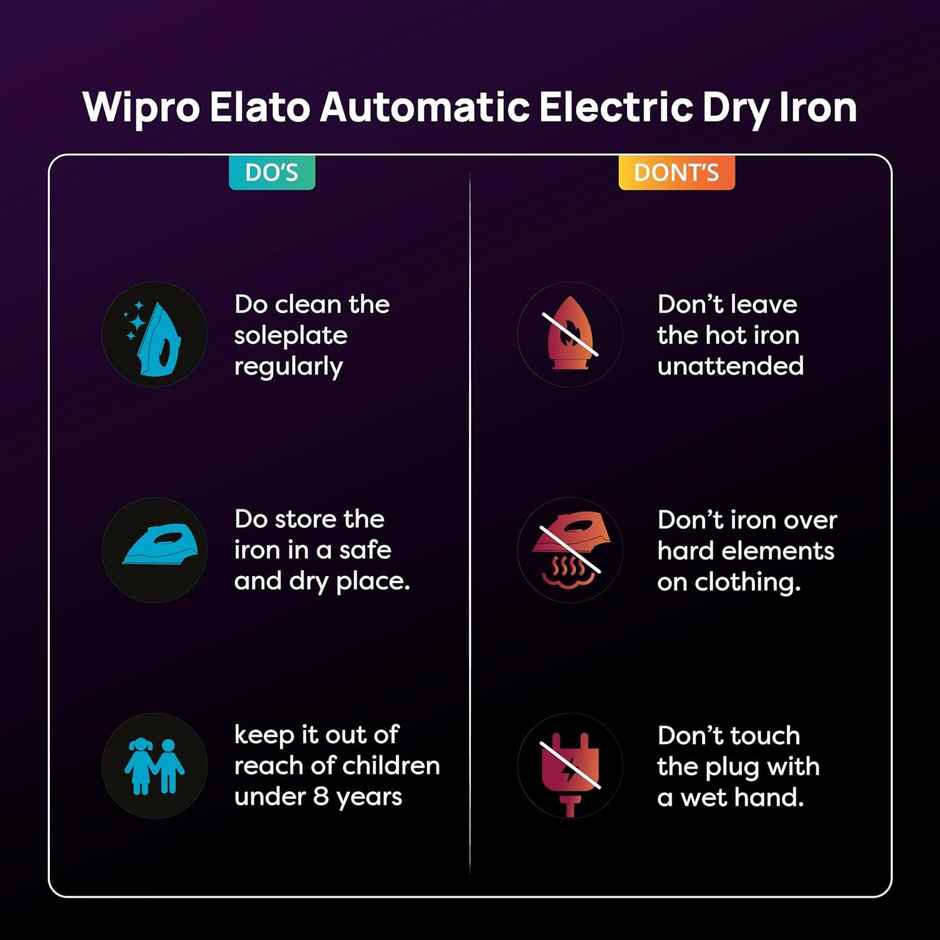 Wipro Elato GD203 Heavyweight Dry Iron, 1200 Watt, Quick Heat Up, 5 Modes, Dry Iron Press,Wrinkle Free Clothes in One Shot - Blue