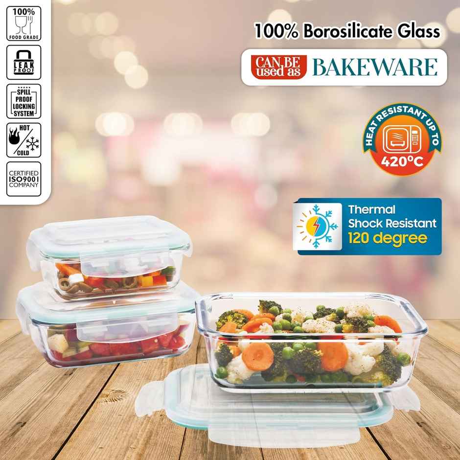 SignoraWare Lock 'N' Store Borosilicate Glass Container Rectangular, 370Ml+640Ml+1040Ml, Set/3