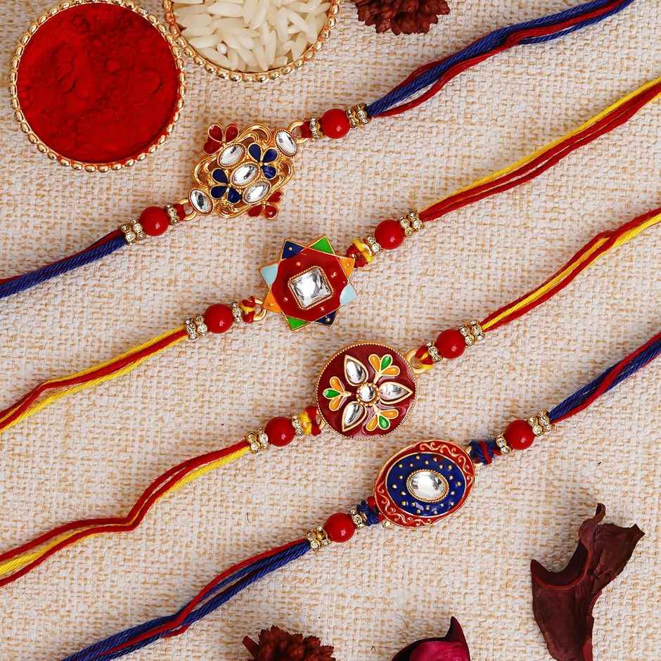 Meenakari Multicolor Designer Rakhis & Roli Chawal Pack (eCraftIndia) Set of 4