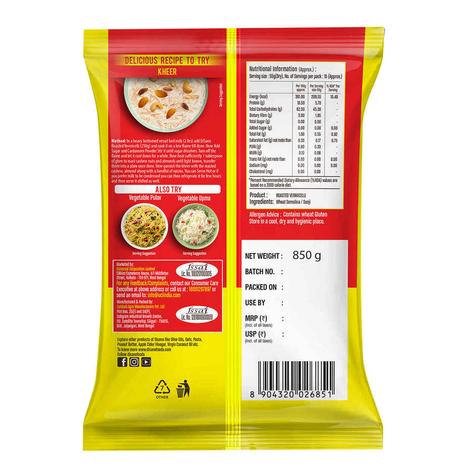 Disano Roasted Wheat Vermicelli | No Maida | Cholesterol Free | Unflavored