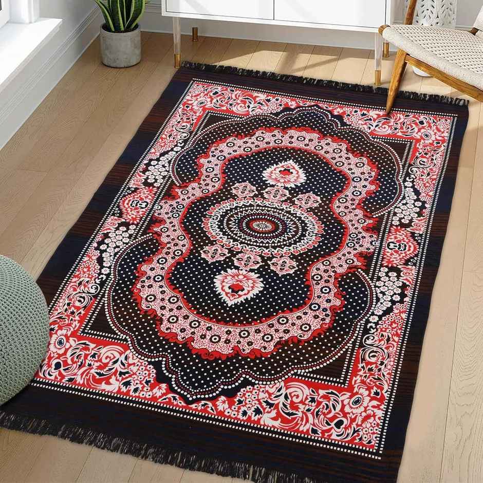 Kuber Industries Anti- Skid Carpet | 140 x 226 cm | Kalamkari Paisley Pattern | Black & Red