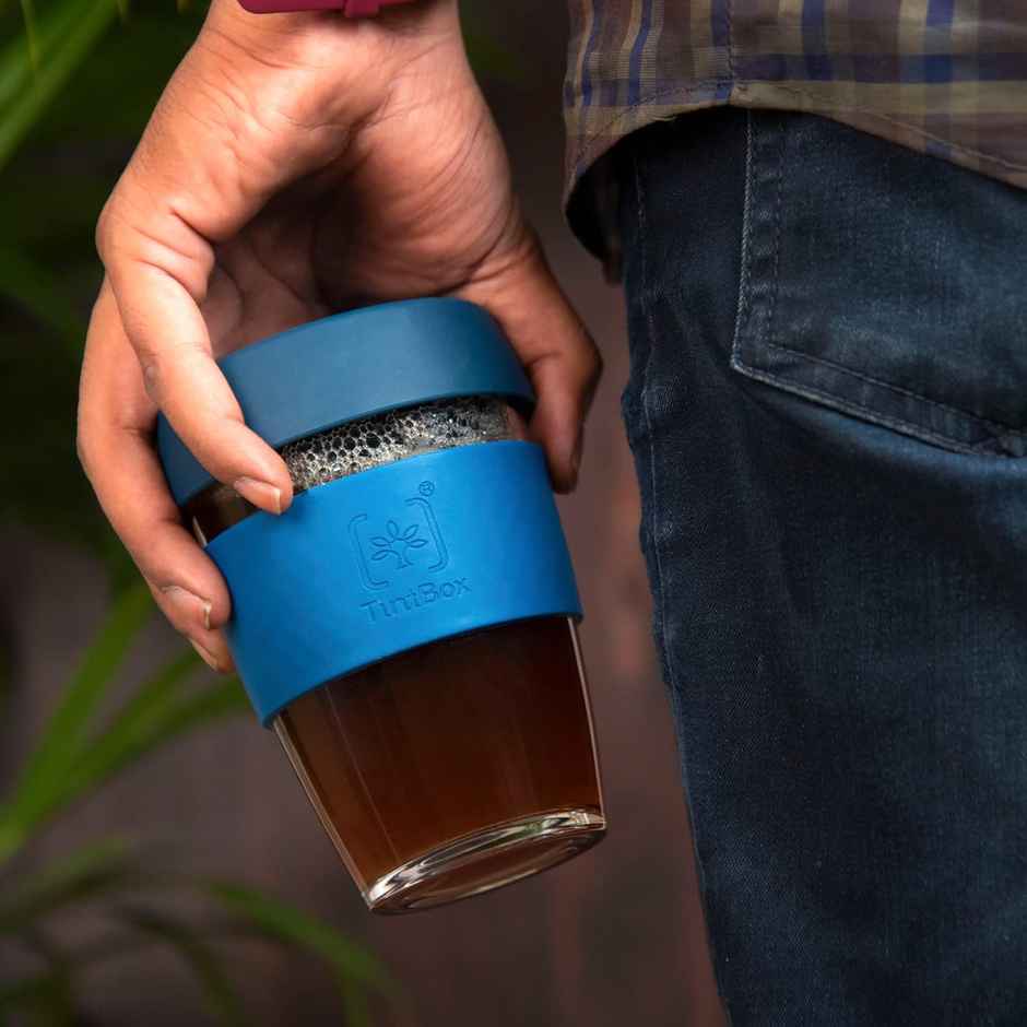 Tintcup | Borosilicate Glass Brew Cup With Silicone Grip & Lid | 350 ml - Dashing Blue