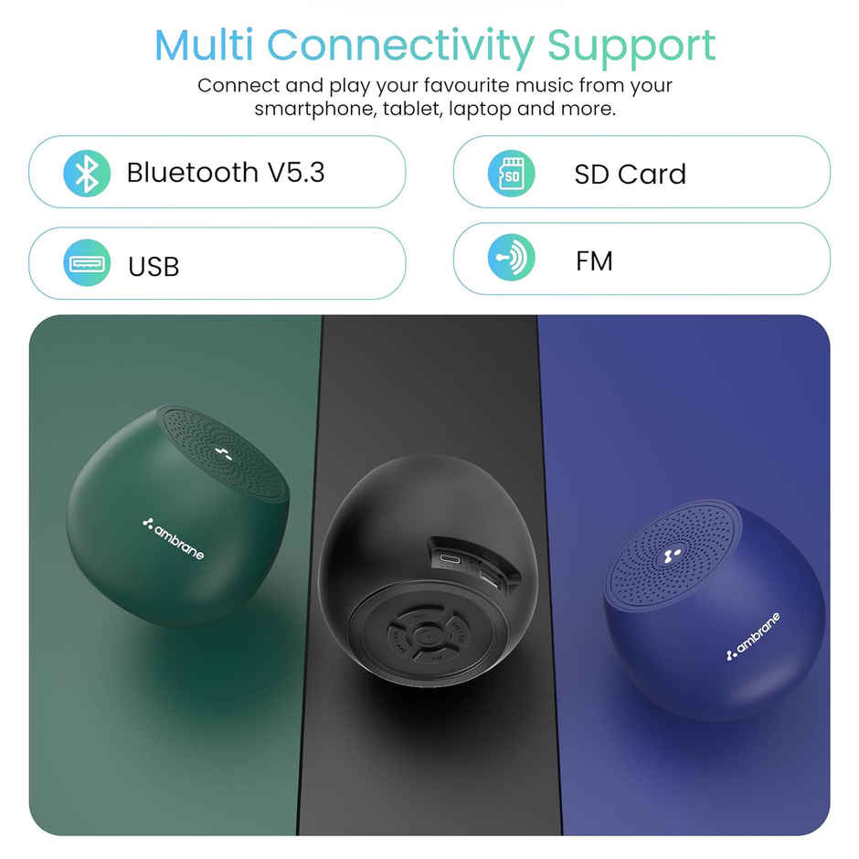 Ambrane 5W Wireless Bluetooth Mini Speaker with 44Hrs Playtime, Immersive Sound, 52mm Driver, Twin Pairing, Integrated Music & Call Control, Built in Mic, IPX4 Water Resistance - Black