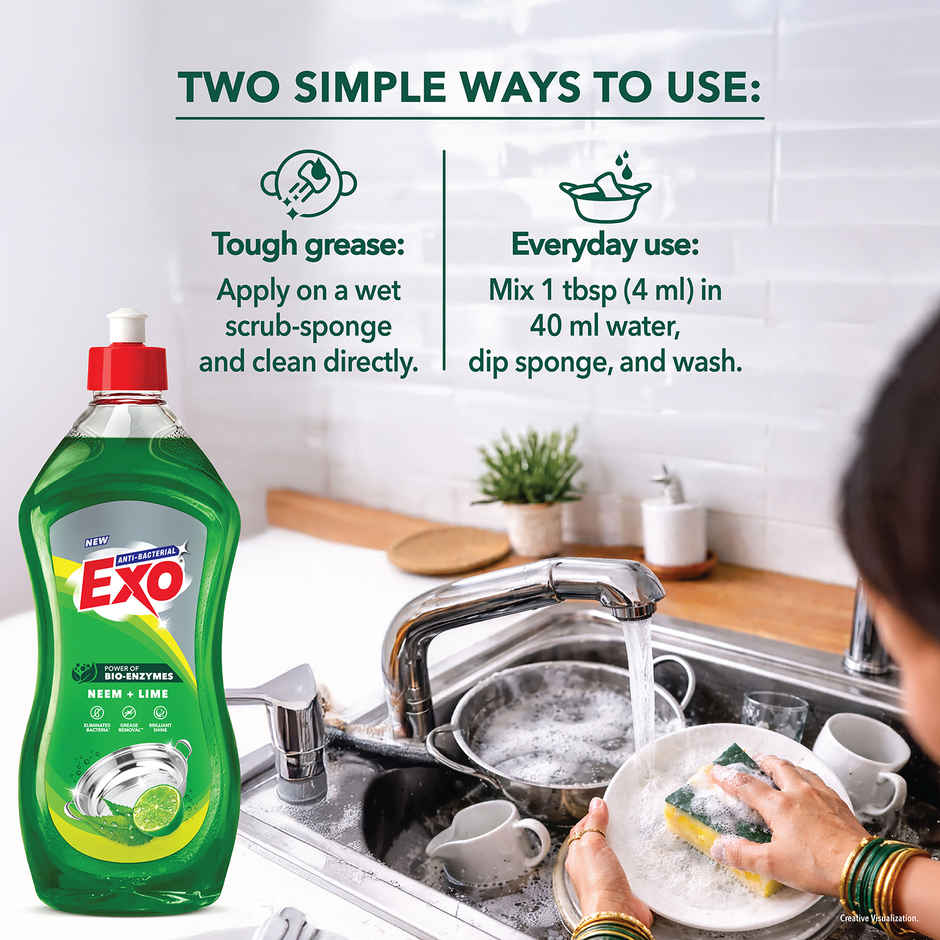 Exo Neem & Lime Anti Bacterial Dishwash Liquid | Tough Grease Removal with Power of Bio-Enzymes