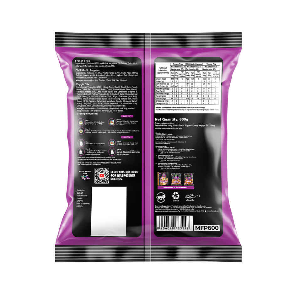 HyFun My Family Pack | 3-in-1 French Fries, Chilli Garlic Poppers & Veggie Stix | Frozen