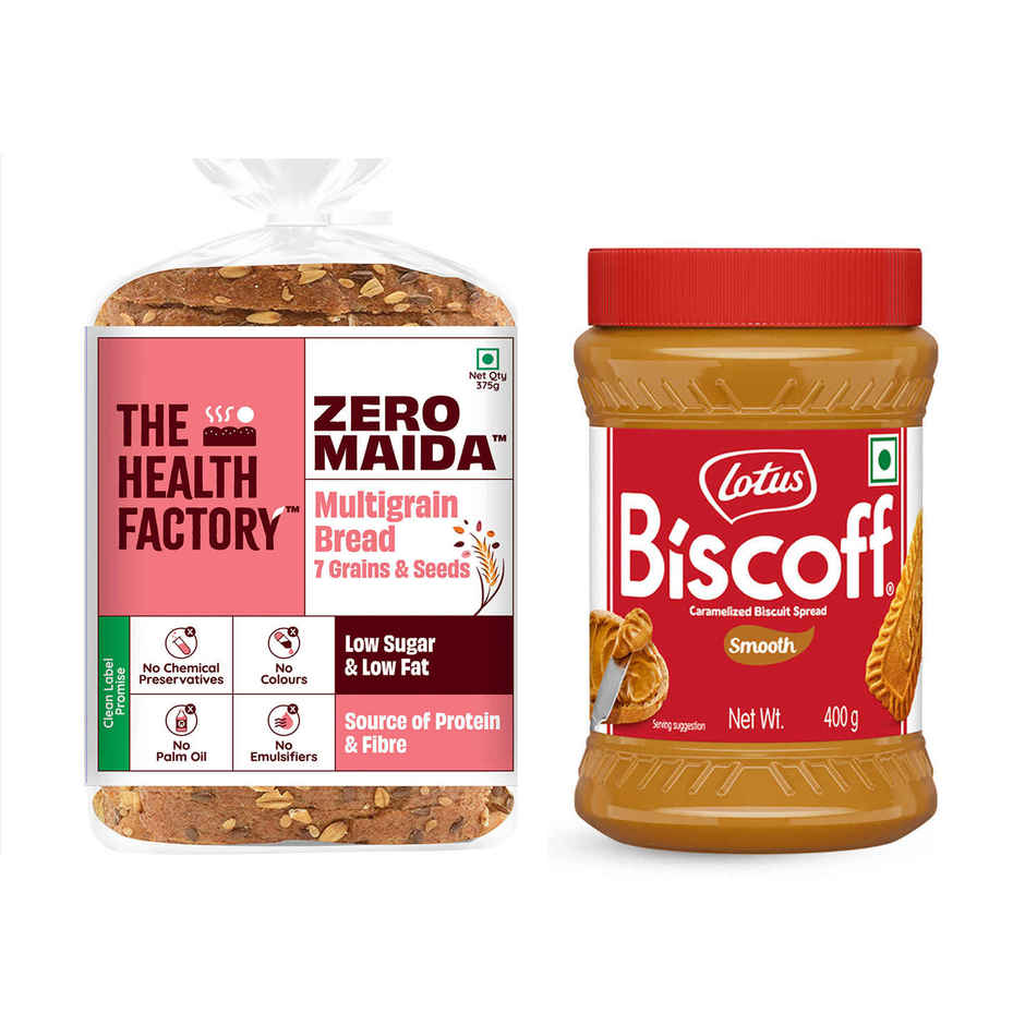 The Health Factory Zero Maida Multigrain Bread | Clean Label, Not Brown (375g) & Lotus Biscoff Caramelized Smooth Spread (400g) Combo