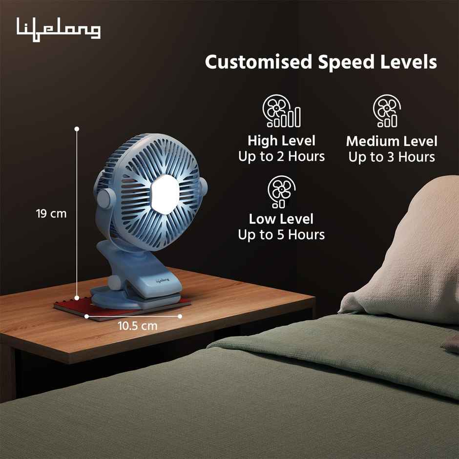 Lifelong 125mm Rechargable Fan with Clip & LED Light|Portable Fan, USB Fan, Mini Fan, Table Fan, Small Fan, Car Fan, Kitchen Fan|5hr Battery Back-up, 3 Speed Settings, Low Noise, Energy Efficient - Blue