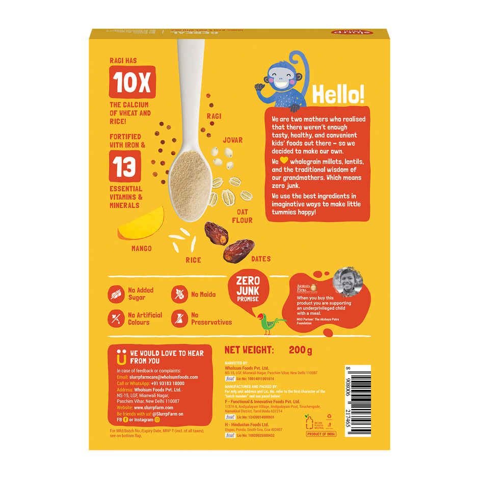 Slurrp Farm Mango, Ragi and Rice Cereal with Milk and No Added Sugar