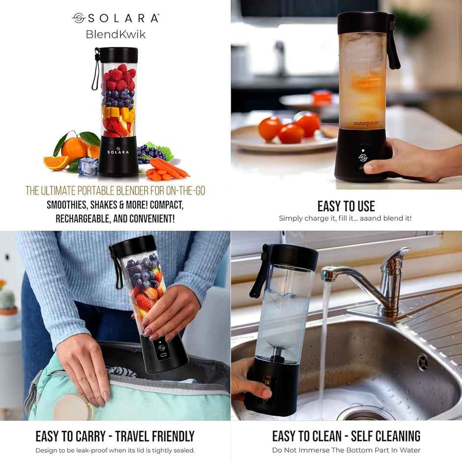 SOLARA Blendkwik 180Watts Portable Blender for Juices, Shakes, Smoothies, Crushing Ice, 450ml, USB Rechargeable Battery with 4000 mAh - Black Knight