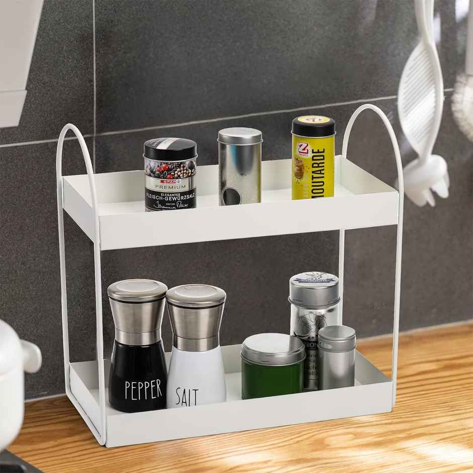 Go Hooked 2-Tier Metal Standing Rack | Vanity Storage Standing Shelf | White