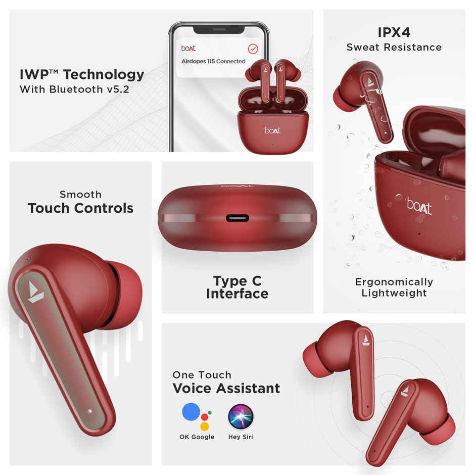 boAt Airdopes 115 in Ear TWS Earbuds With Enx & Beast Mode | Raging Red