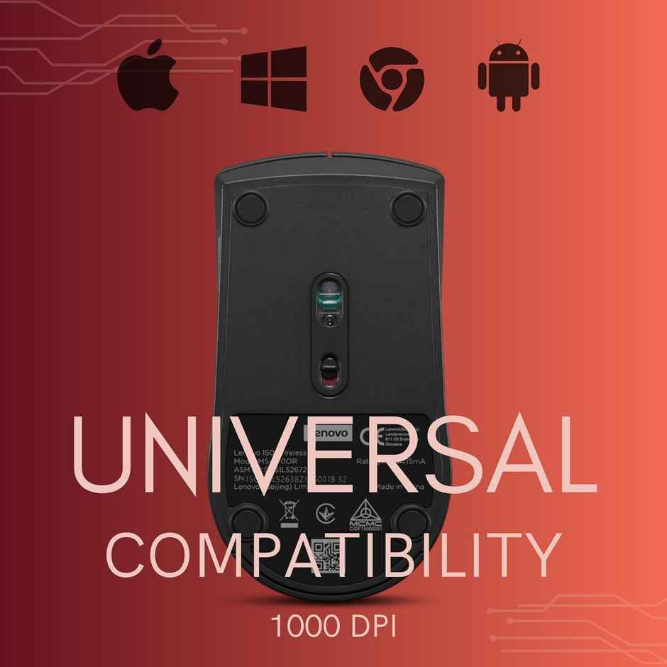 Lenovo 150 Wireless Compact Mouse, 1K DPI Optical sensor, 2.4GHz Wireless NanoUSB, 10m range, 3button(left,right,scroll) upto 3M left/right clicks, 10month battery, Ambidextrous, Ergonomic, GY51L52638