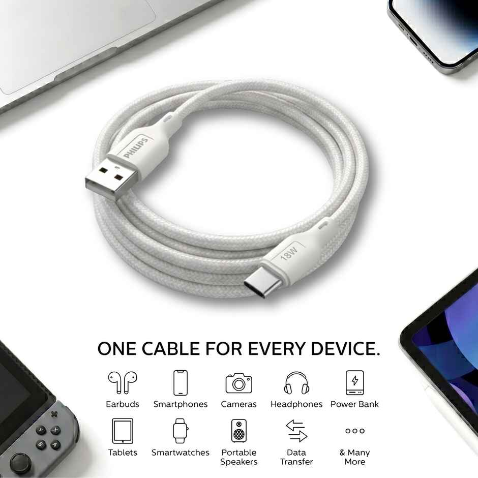 Philips 18W USB A to Type C Fast Charging Cable | DLC4130AW94 | Bright White | 1 m