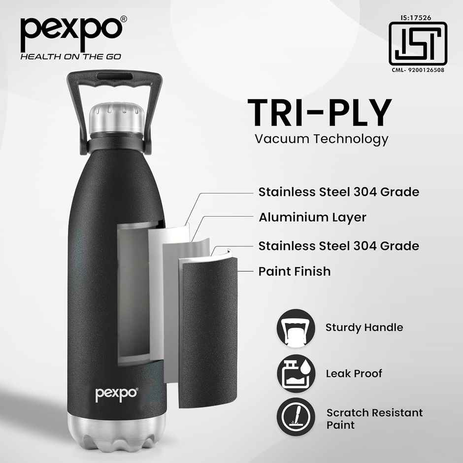 Pexpo Echo Isi Certified Water Bottle | 1.8 L | Knight Black | Vacuum Insulated Bottle With Handle