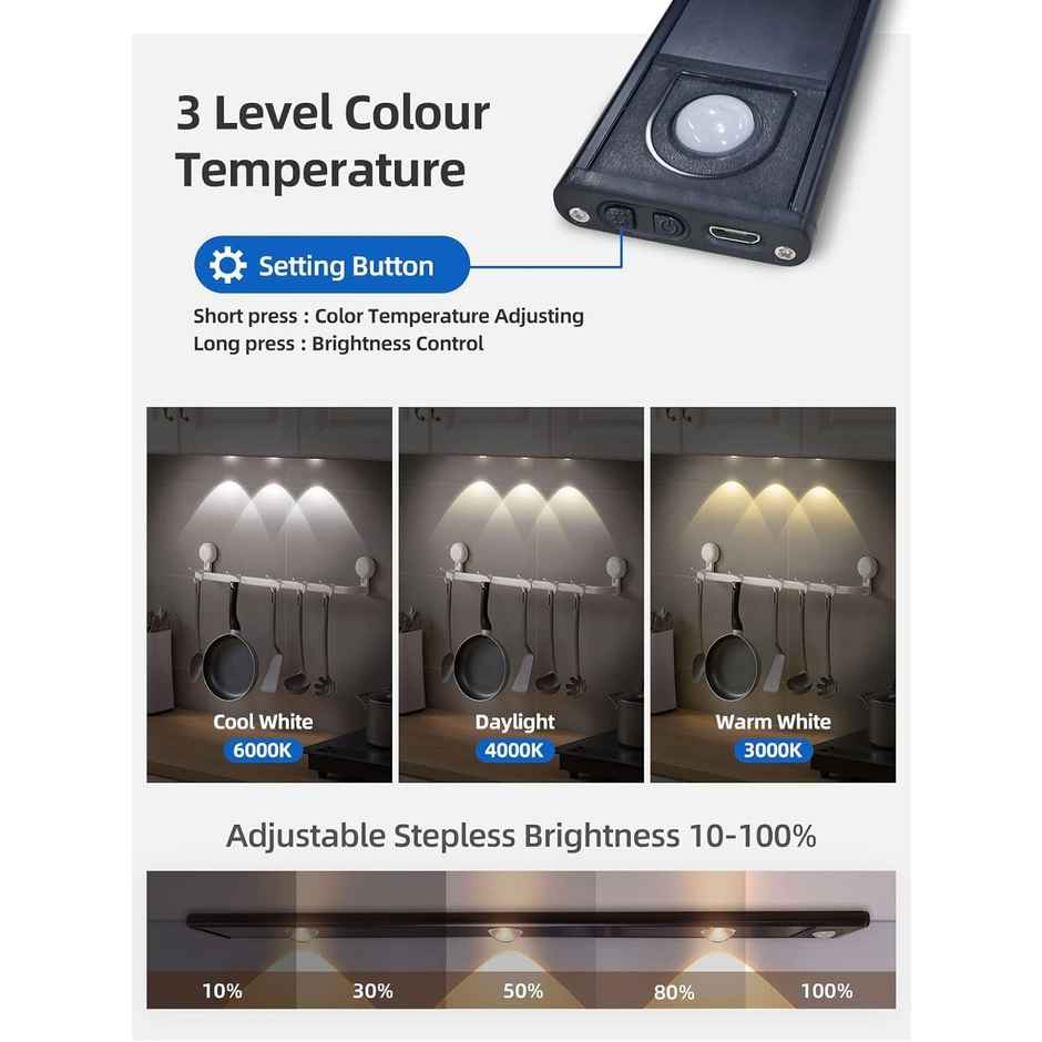 Desidiya Under The Cabinet Lights 40 Cm|Usb Rechargeable, Magnetic, Wireless- Aluminium, Led, White