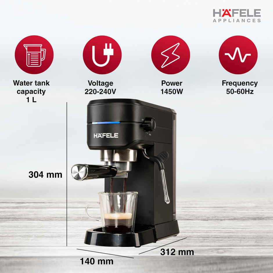 Hafele U-Kaffee Espresso Coffee Machine, 15-Bar Pressure, Removable Water Tank (1L),1450 W