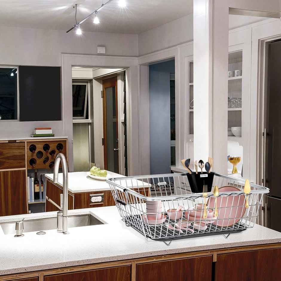 Plantex Stainless Steel Dish Drainer Basket for Kitchen Utensils - Chrome Finish