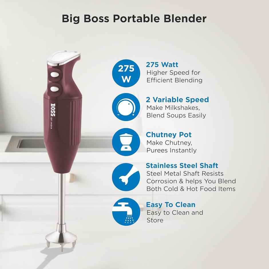 Boss Stainless Steel Big Boss Portable Hand Blender,275W Motor, First In India,275Watts