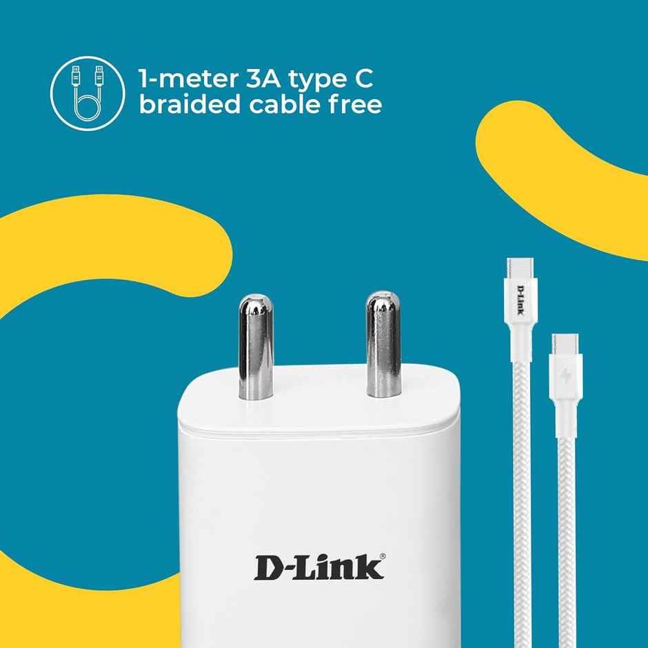 D-Link 33W Dual Port Fast Charger Type-C & Usb-A,Free Type C To Type C 3A(60W) Cable-White