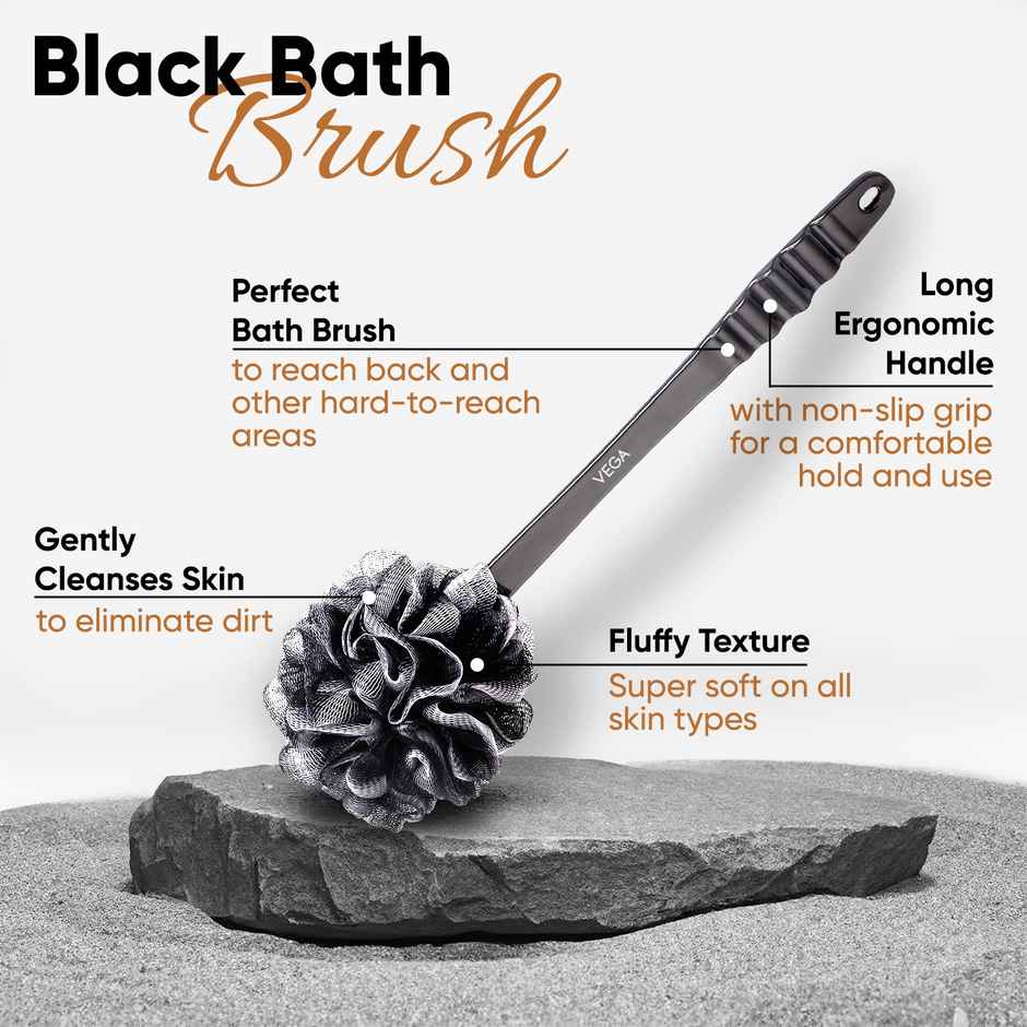 Vega BCA Luxury Black Bath Brush with Long Handle Exfoliating Back Bath | BA-1/8