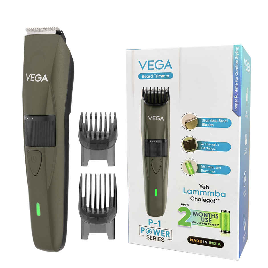 Vega P1 Battery Powered Beard Trimmer for Men, USB C Type, 160 mins Runtime 2 Beard Comb (VHTH-25)