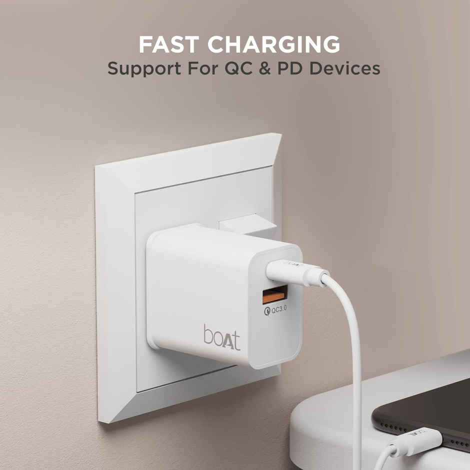 boAt 22.5W Dual Port Charger w/ 18W Quick Charge 3.0, Smart IC Protection & Auto Detection (White)