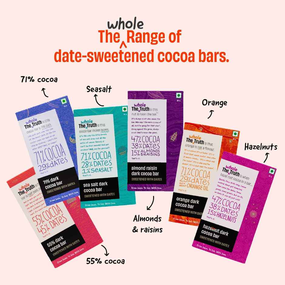 The Whole Truth Dark Cocoa Bar- 71% Dark | 80 G | Sweetened With Dates