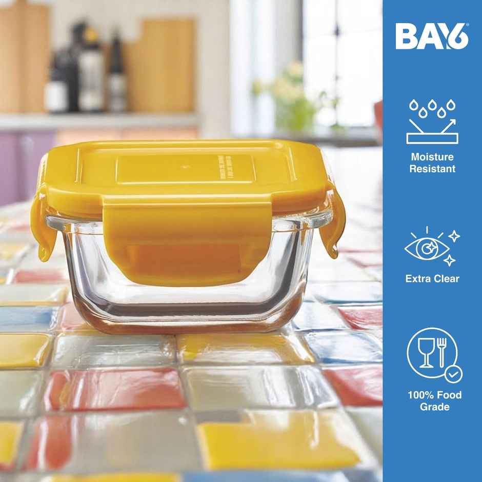 BAY6 Premium Imported Borosilicate Glass Container with Lid 150 ml - Square - Yellow