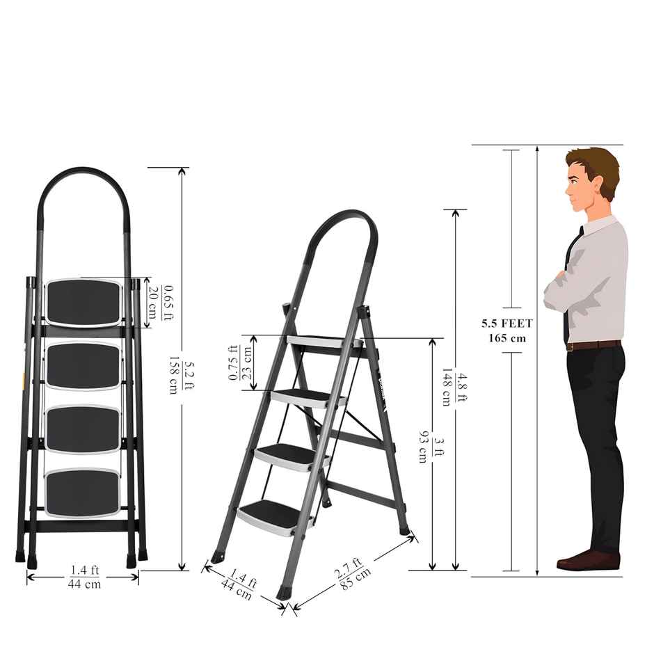 Plantex Foldable 4-Step Steel Ladder for Home with Anti-Skid Steps - Gray and White