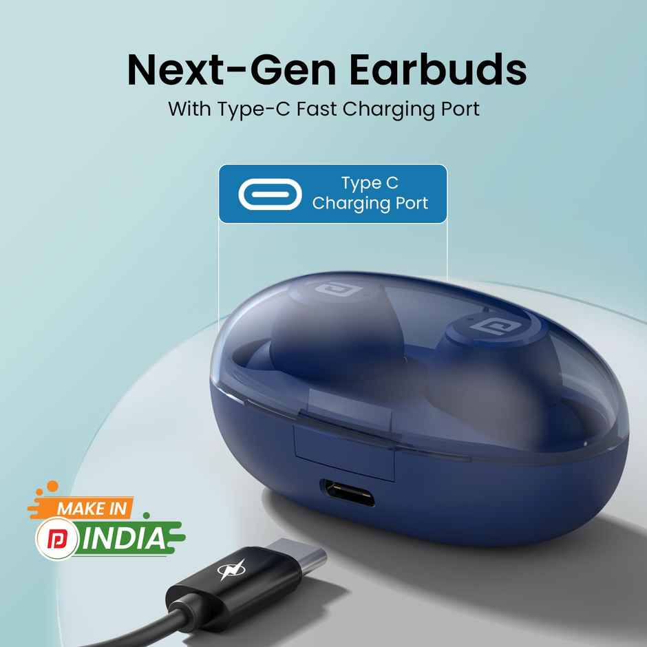 Portronics Harmonics Twins S13 in Ear TWS Earbuds with Mic, 24H Playtime, Game/Music Mode, Touch Control, 8mm Driver, Bluetooth 5.3v,IPX5 Water Resistance, Type C Fast Charging - Blue