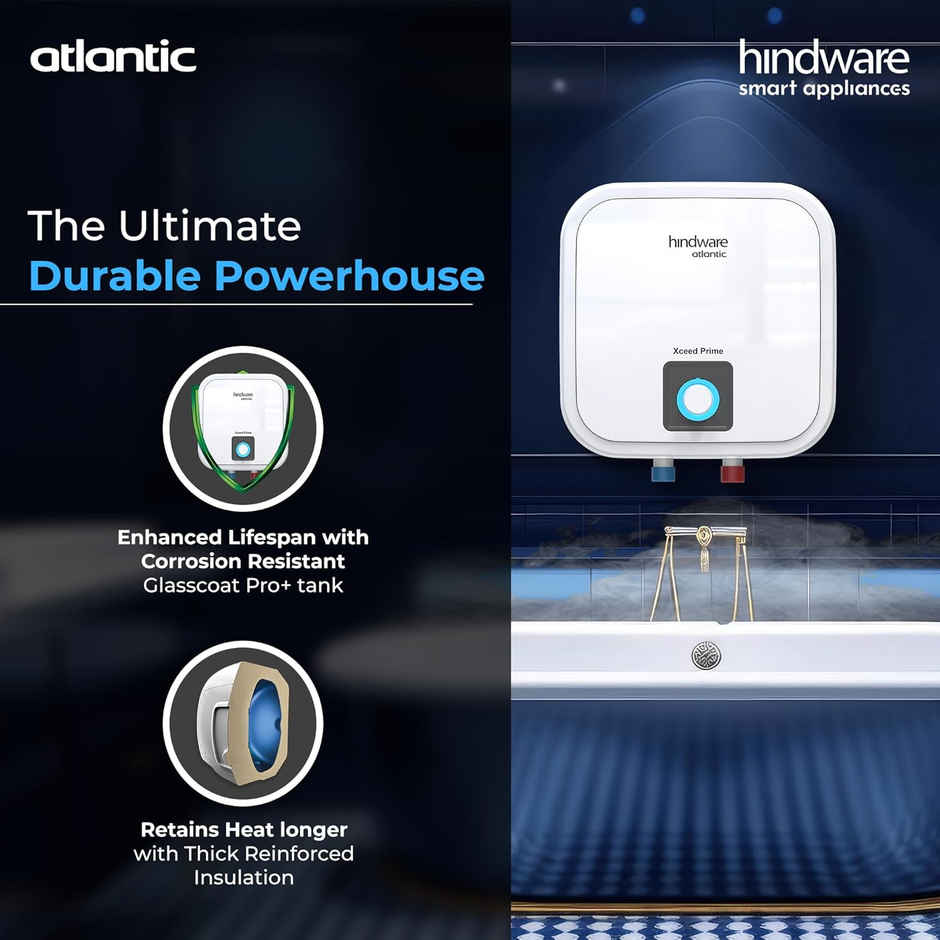 Hindware Smart Appliances Xceed Prime 10L, 2Kw, Glasslined Coated Tank, Storage Water Heater, White