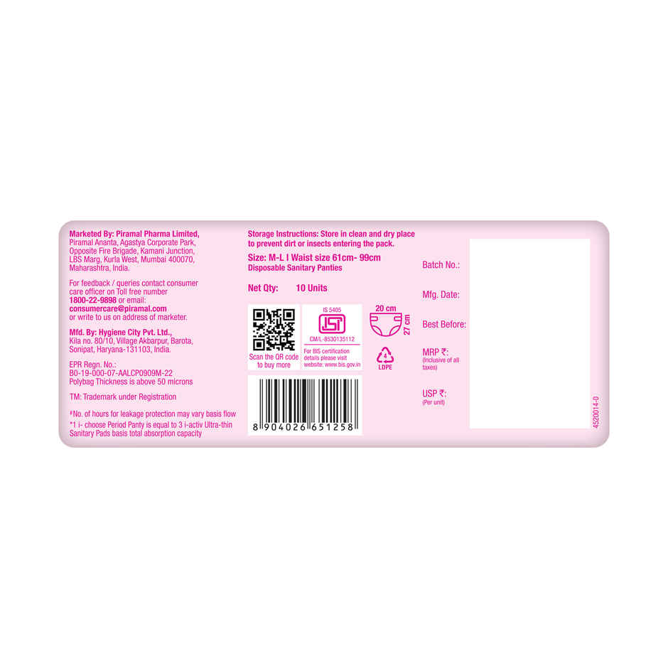 i-activ Period Panty For Girls & Women | M-L | Disposable Period Panties For Women