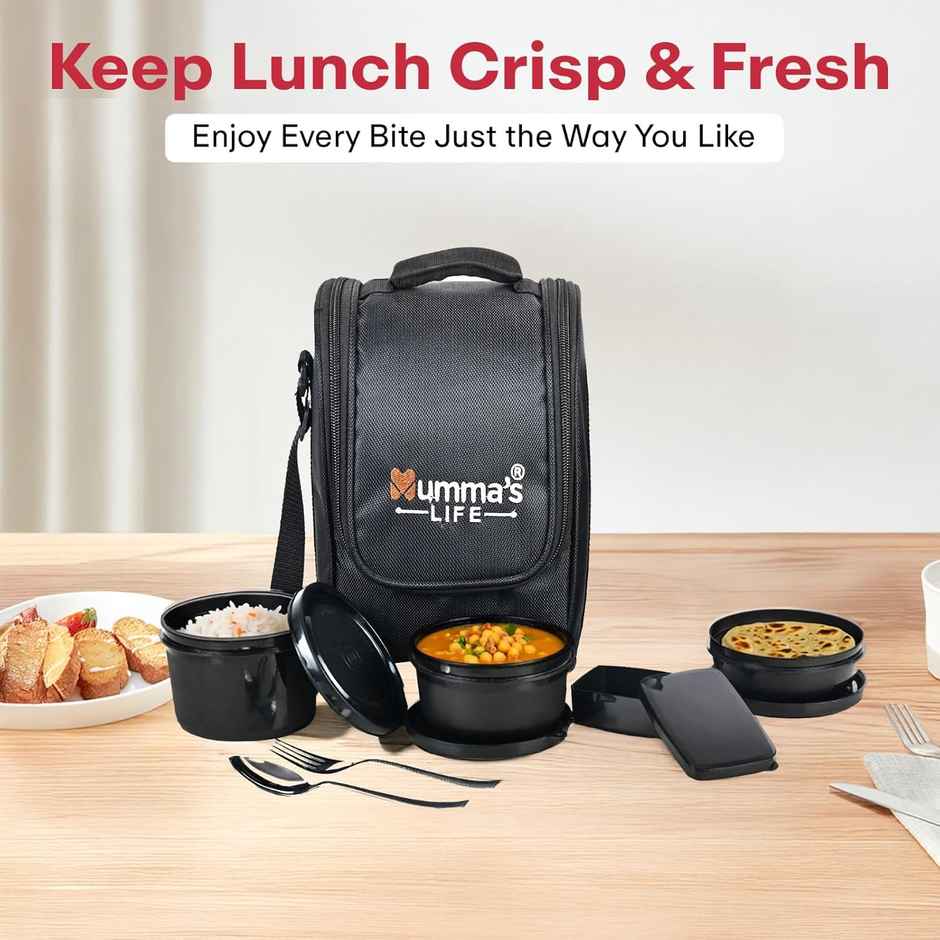 Mumma's LIFE Lunch Box, Microwave Safe, 3 Inside Steel Container with Steel Cutlery | Black
