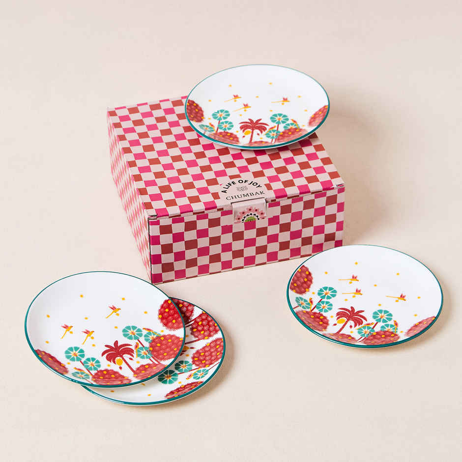 Chumbak Saanjh Snack Ceramic Plates Gift Set | Cream & Red - 7 in